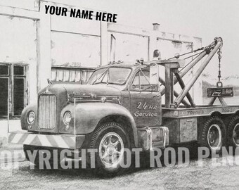 Mack, B61, conventional, Semi Truck, Wrecker, Tow Truck, Customized Pencil Drawing Print