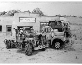 Mack, B61, conventional, Semi Truck, Freightliner, Peterbilt, Customized Pencil Drawing Print