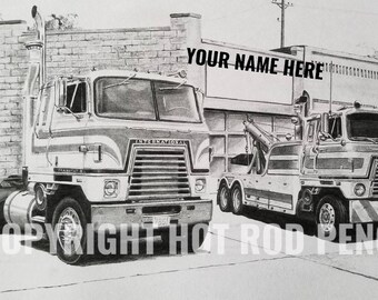 International,  cabover, wrecker, Semi Truck,  Customized Pencil Drawing Print