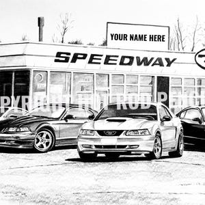 May include: Black and white drawing of three Ford Mustang cars parked in front of a Speedway gas station. The gas station has a sign that says "Speedway 79" and "Your Name Here".