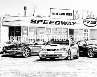 New Edge Ford Mustang, 1999, 2000, 2001,2002, 2003,2004 Customized Pencil Drawing Print