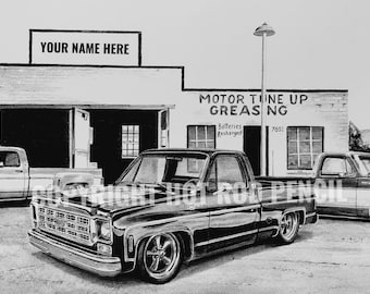 1973,74,75,76,77,78 Chevy Pickup Truck, Dually, Silverado, Square Body, Customized Pencil Drawing Print