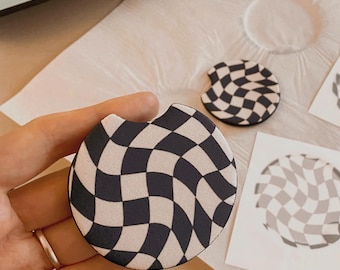 Checker Car Coasters set of 2, New Car Gift for Her, Retro Cup Holder, Cute Car Accessories, Cheetah Print Car Decor, Girl Stocking Stuffers