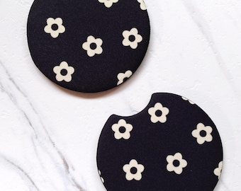 Floral Car Coasters set of 2, New Car Gift for Her, Checker Cup Holder, Cute Bow Car Accessories, Smiley Face Accessories, Horoscope Coaster