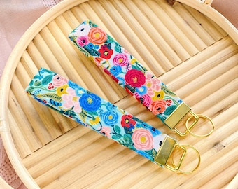 Floral Wristlet Keychain, Gold Key Fob Wristlet, Boho Key Lanyard, Modern keychain for woman, Rifle Paper Co Key Wristlet gift for her