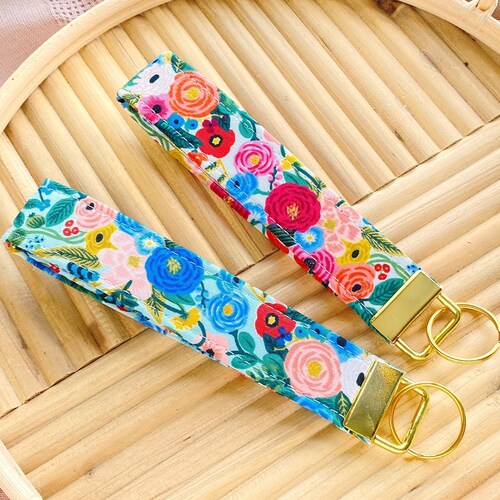 Floral Keychain Wristlet Lanyard Gold Key Fob Wristlet Boho Etsy