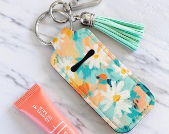 Daisy Lip balm Holder Keychain, Girly Chapstick Key Fob, Boho Lipstick Keychain, Gift for Her, Flower Lanyard Keychain, Stocking Stuffer