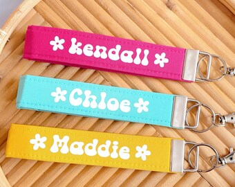 Personalized Name Keychain Wristlet for Women, Cute Sweet Sixteen Key Fob Gift, Custom Key Lanyard for Her, Retro Keychain Fob,
