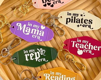 In my era Motel Keychain, Gift for Readers, Custom Keychain Wristlet, Bestie Key fob for Women, In my Mom Era, Personalized Teacher gift