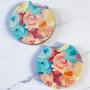 Floral Car Coasters set of 2, New Car Gift for Her, Preppy Cup Holder, Cute Car Accessories, Aesthetic Car Decor, Girl Stocking Stuffers