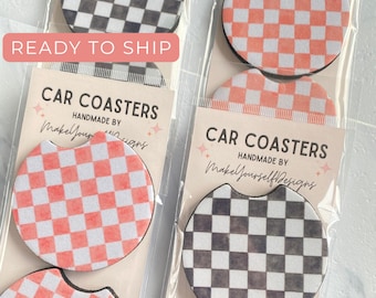 Checkerboard Car Coasters, Neoprene Cup Holder Accessories (Set of 2)