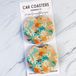 Floral Car Coasters set of 2, New Car Gift for Her, Preppy Cup Holder, Cute Car Accessories, Aesthetic Car Decor, Girl Stocking Stuffers