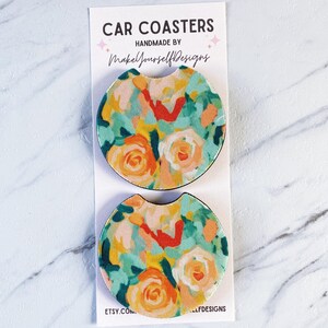 Floral Car Coasters set of 2, New Car Gift for Her, Preppy Cup Holder, Cute Car Accessories, Aesthetic Car Decor, Girl Stocking Stuffers