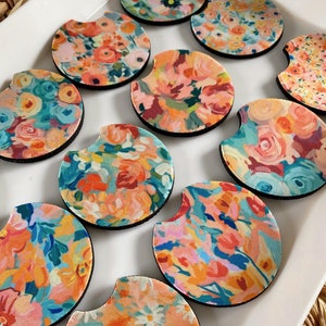 Floral Car Coasters set of 2, New Car Gift for Her, Preppy Cup Holder, Cute Car Accessories, Aesthetic Car Decor, Girl Stocking Stuffers