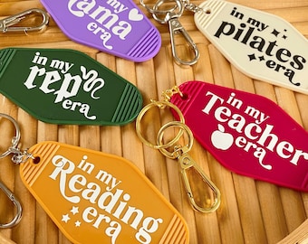 Eras Motel Keychain, Gift for Readers, Custom Keychain Wristlet, Bestie Key fob for Women, In my Mom Era, Personalized Teacher gift