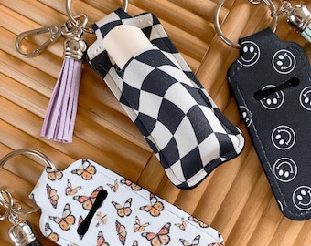 Checker Keychain Lip balm Holder, Girly Chapstick Key Fob, Retro Lipstick Key Fob, Gift for Her, Under 10 Coworker Gift, Smiley Face Key Fob