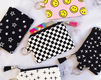 Keychain Wallet Wristlet for Women, Checker Wallet, Keychain Card Holder Wristlet, Smiley Face Small Wallet, Coin Purse Gift for Her