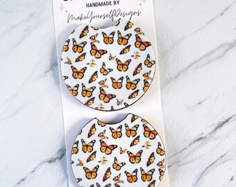 Checker Car Coasters set of 2, New Car Gift for Her, Retro Cup Holder, Cute Car Accessories, Smiley Print Car Decor, Girl Stocking Stuffers