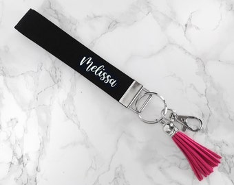 Black Personalized Wristlet Keychain, Gift for Her, Personalized Key Lanyard, Black Key Fob Wristlet, Custom Keychain for woman