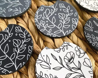 Car Coasters set of 2, New Car Gift for Her, Retro Cup Holder, Cute Car Accessories, Preppy Floral printed coasters, Black and White Flowers