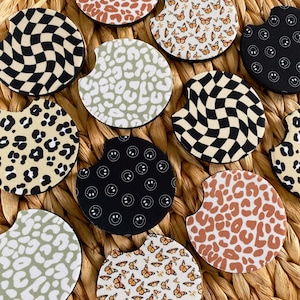 Checker Car Coasters set of 2, New Car Gift for Her, Retro Cup Holder, Cute Car Accessories, Cheetah Print Car Decor, Girl Stocking Stuffers