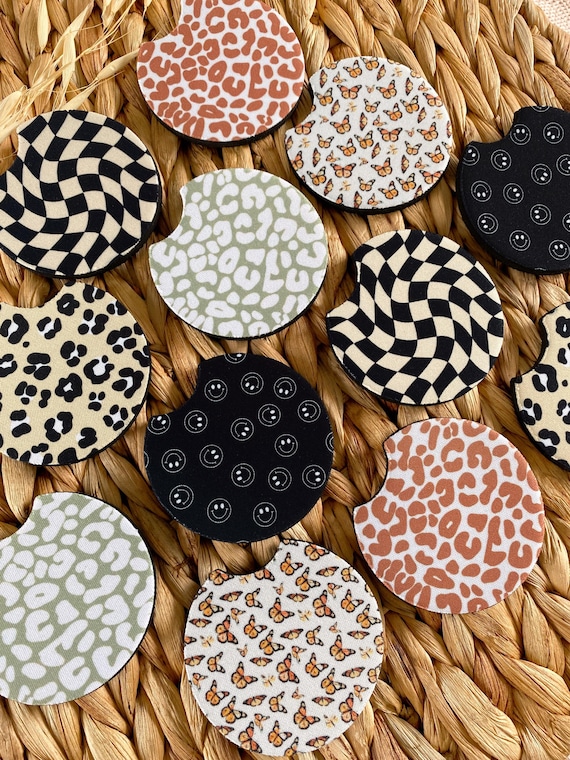 Checker Car Coasters set of 2, New Car Gift for Her, Retro Cup Holder, Cute Car Accessories, Cheetah Print Car Decor, Girl Stocking Stuffers