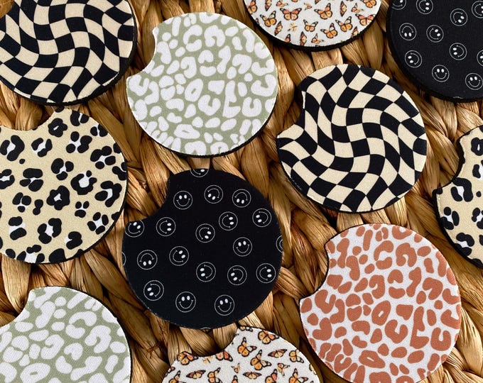 Checker Car Coasters set of 2, New Car Gift for Her, Retro Cup Holder, Cute Car Accessories, Cheetah Print Car Decor, Girl Stocking Stuffers