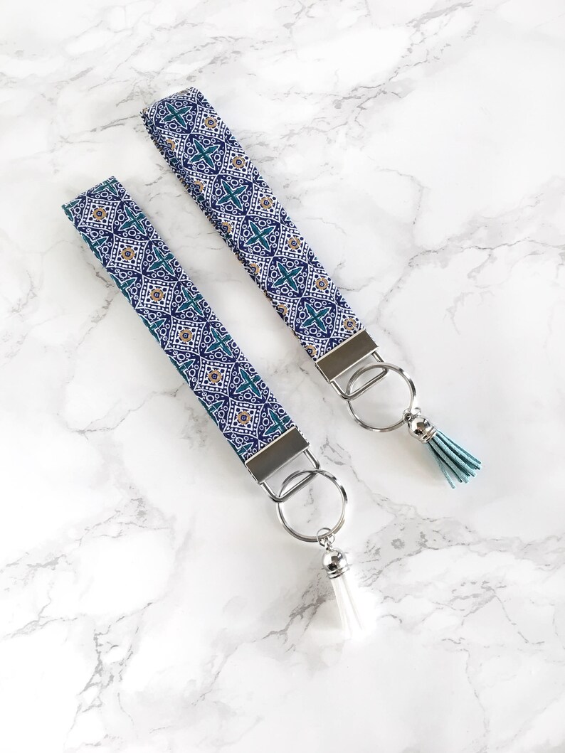 Mosaic Wristlet Keychain for Her Blue and Gold Key Chains for Etsy