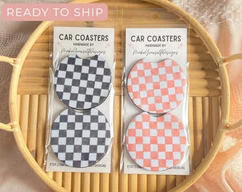 Checker Car Coasters set of 2, New Car Gift for Her, Retro Cup Holder, Cute Car Accessories,  Absorbant Coasters, Checkered Car Decor
