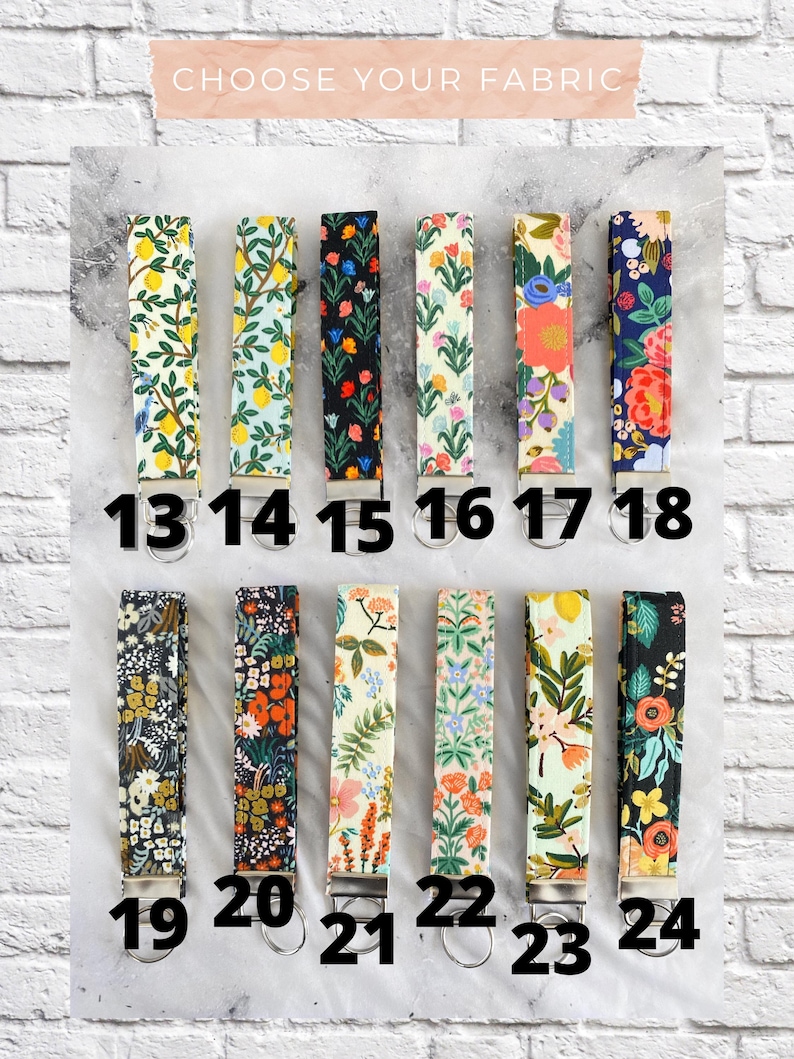 May include: A selection of fabric key fobs with various floral and botanical patterns. Each fob is numbered, with the text "CHOOSE YOUR FABRIC" at the top. The key fobs are displayed against a white and gray background.