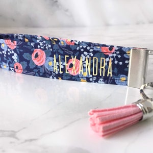 Rifle Paper Co Personalized Wristlet Keychain, Gift for Her, Floral Gold Key Lanyard, Key Fob Wristlet, Custom Keychain for woman