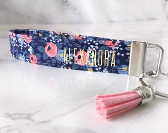 Rifle Paper Co Personalized Wristlet Keychain, Gift for Her, Floral Gold Key Lanyard, Key Fob Wristlet, Custom Keychain for woman