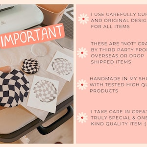 May include: A collection of handmade car coasters and stickers with a black and white checkered pattern. The image includes the text "IMPORTANT" and other text about the product's origin and quality.