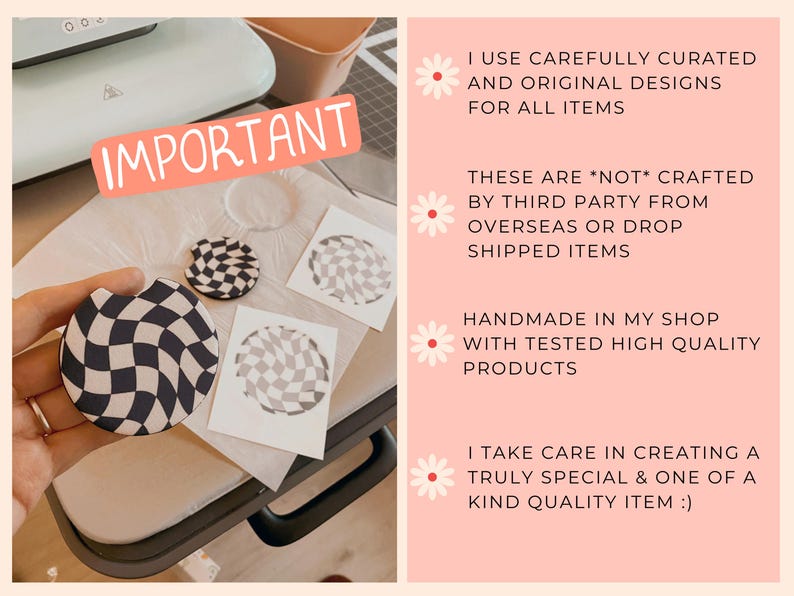 May include: A collection of handmade car coasters and stickers with a black and white checkered pattern. The image includes the text "IMPORTANT" and other text about the product's origin and quality.