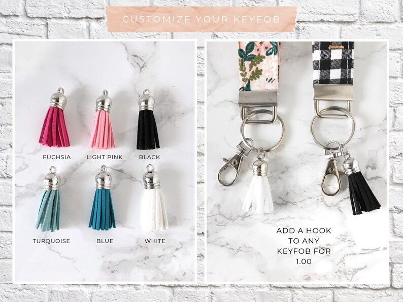 May include: Keyfobs with various tassel colors: fuchsia, light pink, black, turquoise, blue, and white. Floral and black and white plaid keychains with silver hardware and white and black tassels. Text reads "Customize Your Keyfob".