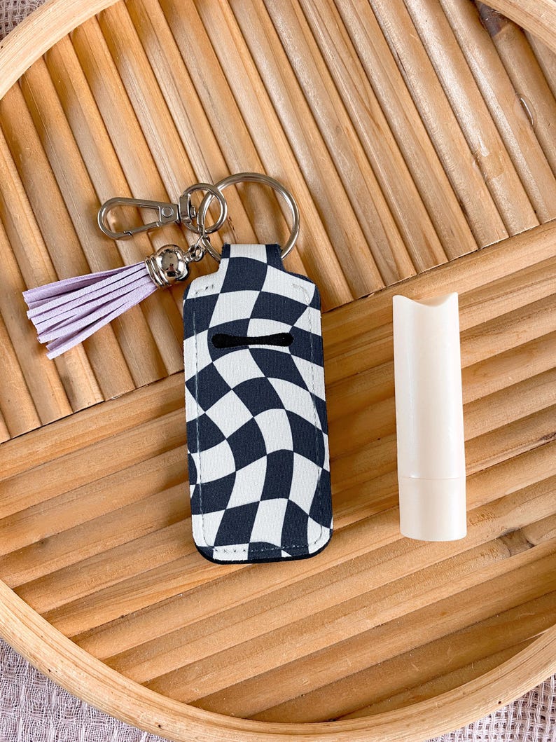 Checker Keychain Lip Balm Holder, Girly Chapstick Key Fob, Retro