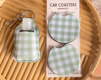 Green Gingham car coaster keychain gift set, New Car Gift, Retro accessories, Cute Hand Sanitizer Keychain, lip balm keychain, gift for mom
