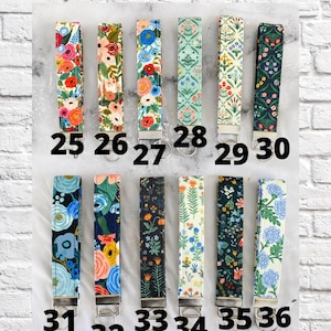 May include: A collection of fabric key fobs with various floral patterns. Each fob has a metal clasp and is numbered from 25 to 36. The text "CHOOSE YOUR FABRIC" is at the top.