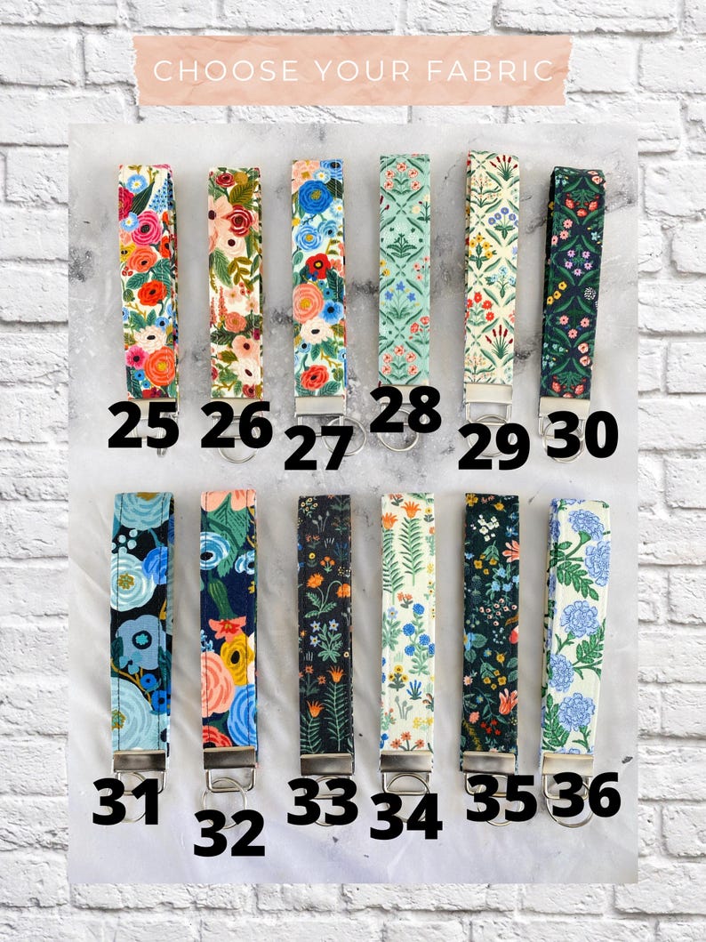 May include: A collection of fabric key fobs with various floral patterns. Each fob has a metal clasp and is numbered from 25 to 36. The text "CHOOSE YOUR FABRIC" is at the top.