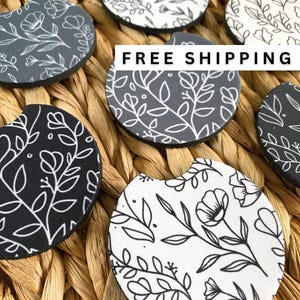 Car Coasters set of 2, New Car Gift for Her, Retro Cup Holder, Cute Car Accessories, Preppy Floral printed coasters, Black and White Flowers
