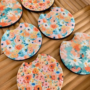 Floral Car Coasters set of 2, New Car Gift for Her, Preppy Cup Holder, Cute Car Accessories, Aesthetic Car Decor, Girl Stocking Stuffers