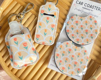 Floral car coaster keychain gift set, New Car Gift for Her, Retro accessories, Cute Hand Sanitizer Keychain, lip balm keychain, gift for mom