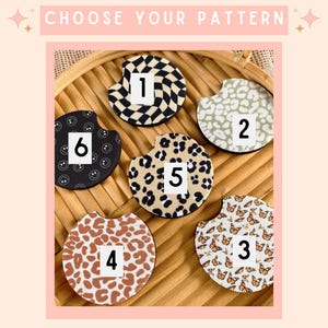 May include: A selection of car coasters with various patterns, including a black and white checkerboard, leopard print, and butterfly designs. Each coaster is numbered for easy selection, with the text "CHOOSE YOUR PATTERN" at the top.