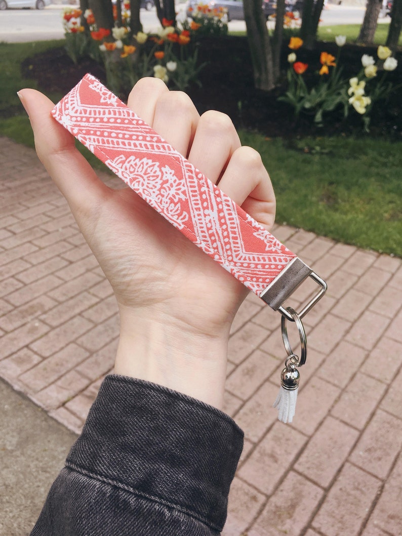 Orange Wristlet Keychain Coral Key Fob Wristlet Keychain Etsy