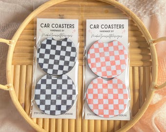 Checker Car Coasters set of 2, New Car Gift for Her, Retro Cup Holder, Cute Car Accessories,  Absorbant Coasters, Checkered Car Decor
