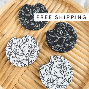 Car Coasters set of 2, New Car Gift for Her, Retro Cup Holder, Cute Car Accessories, Preppy Floral printed coasters, Black and White Flowers