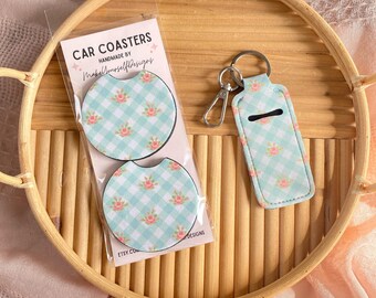 Floral car coaster keychain gift set, New Car Gift for Her, Retro accessories, Cute Hand Sanitizer Keychain, lip balm keychain, gift for mom