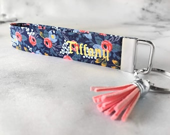 Rifle Paper Co Personalized Wristlet Keychain, Gift for Her, Floral Gold Key Lanyard, Key Fob Wristlet, Custom Keychain for woman