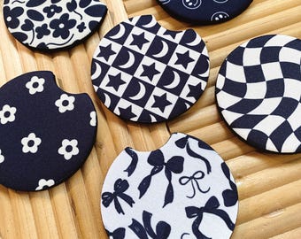 Checker Car Coasters set of 2, New Car Gift for Her, Retro Cup Holder, Cute Car Accessories, Star Print Car Decor, Girl Stocking Stuffers