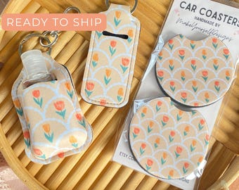 Floral car coaster keychain gift set, New Car Gift for Her, Retro accessories, Cute Hand Sanitizer Keychain, lip balm keychain, gift for mom